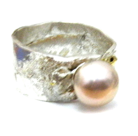 Heavy Silver Ring with Fused Gold and Pearl